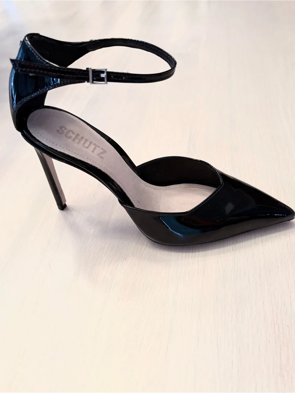 SCHUTZ black patent d’orsay ankle strap pumps